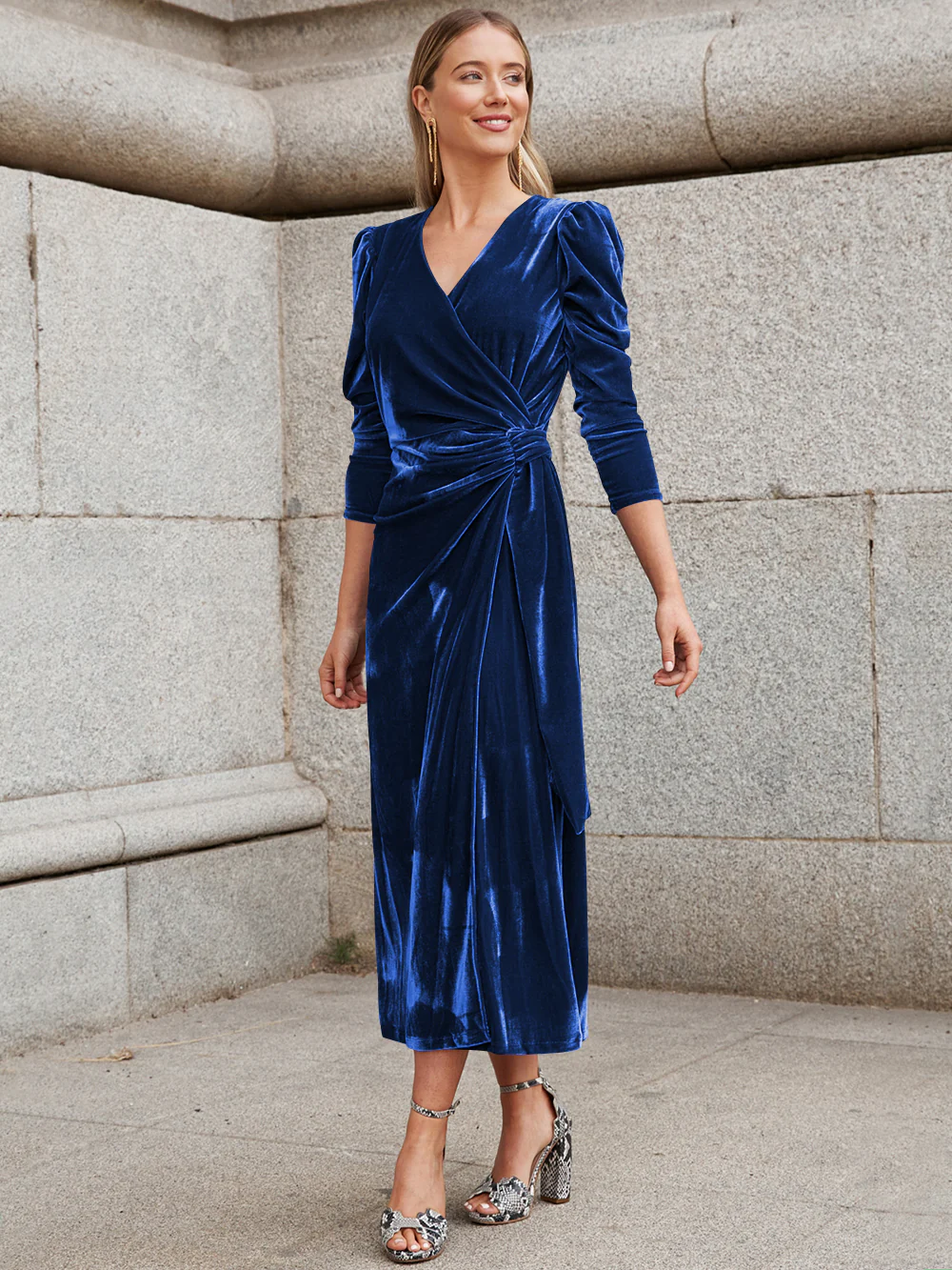 Florence Metallic Velvet Tie Waist Midi Dress - Sapphire - Image 3