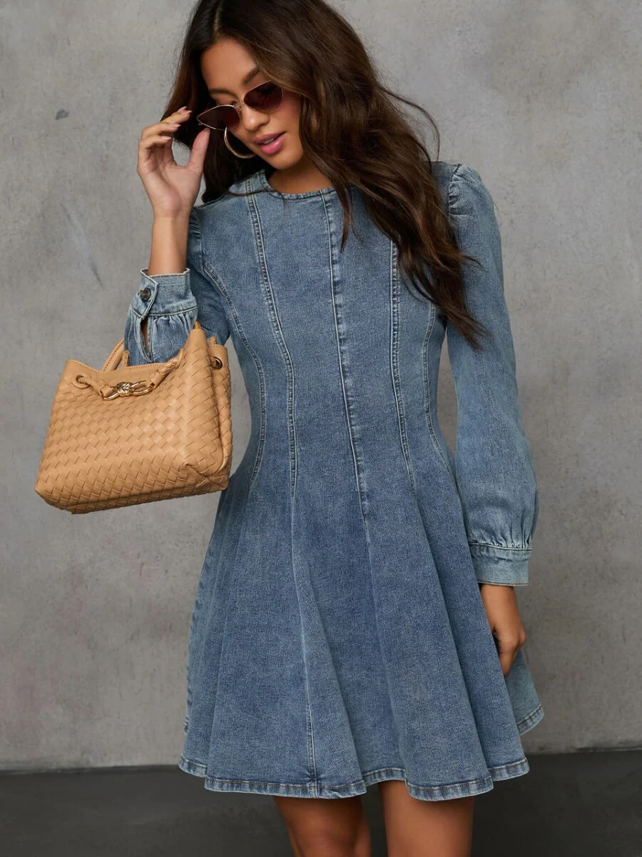 Follow Me Denim Fit And Flare Mini Dress - Denim - Image 5