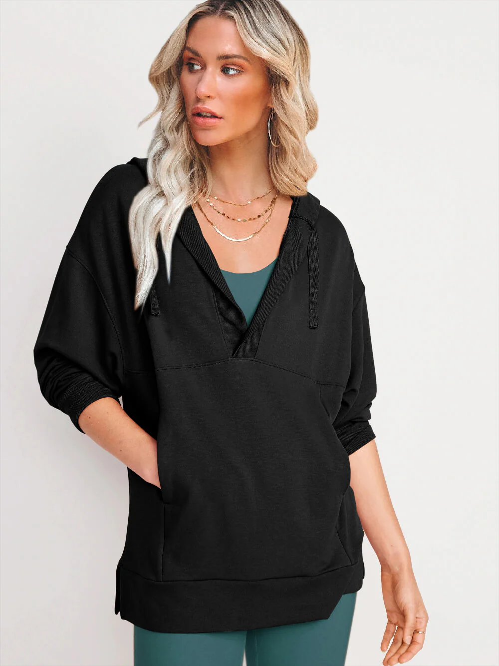 Forever Essential Pocketed Cotton Blend Hoodie - Black - Image 3