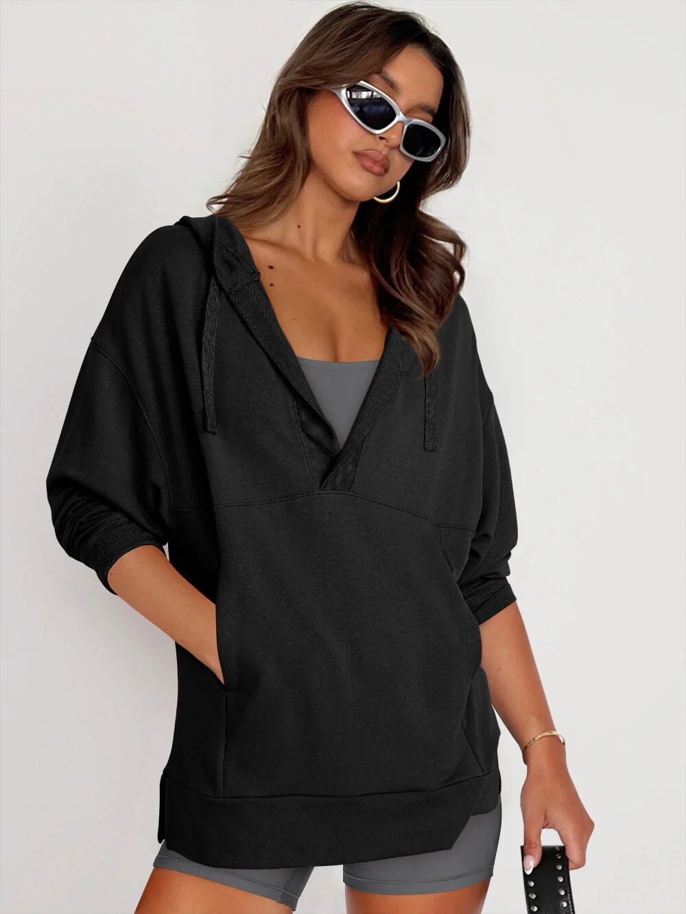 Forever Essential Pocketed Cotton Blend Hoodie - Black - Image 4