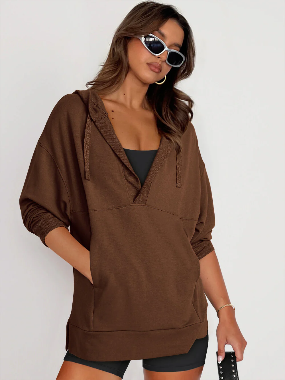 Forever Essential Pocketed Cotton Blend Hoodie - Coffee - Image 4