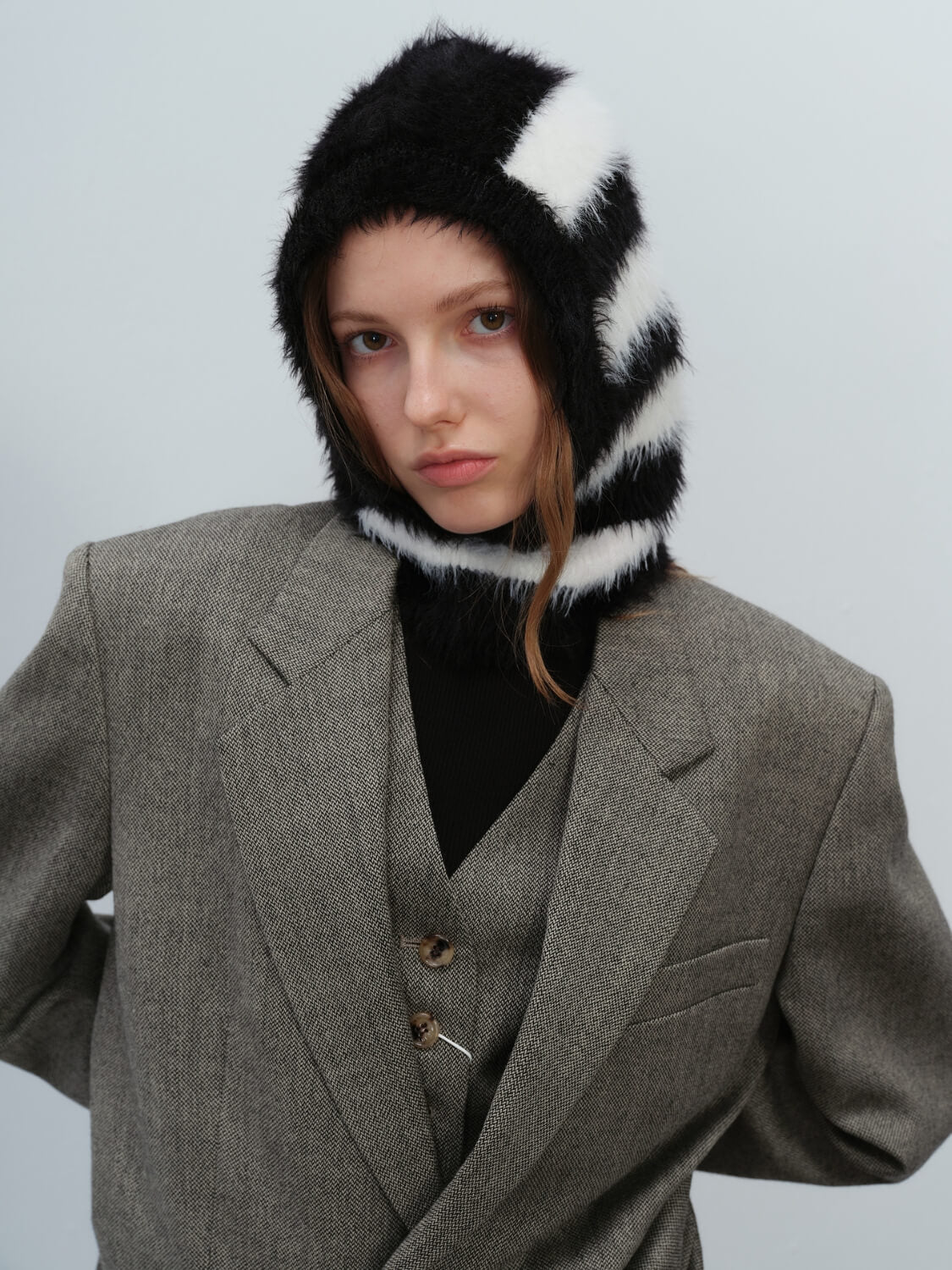 French Style Faux Mink Fur Balaclava Knit Hat - black - Image 2