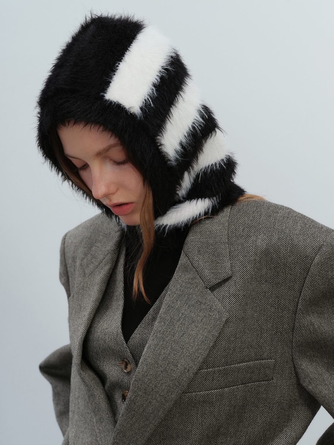 French Style Faux Mink Fur Balaclava Knit Hat - black - Image 3