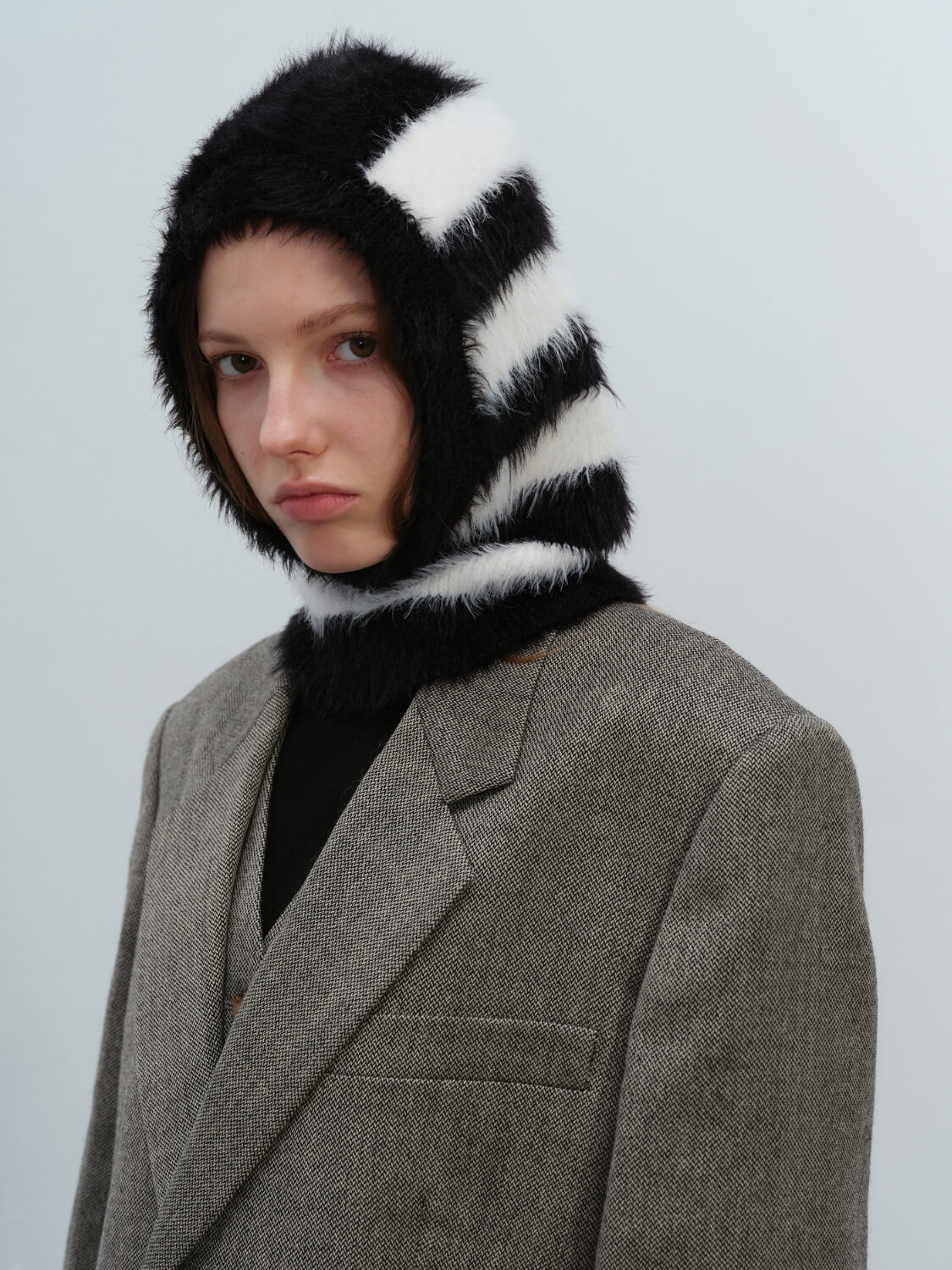 French Style Faux Mink Fur Balaclava Knit Hat - black - Image 5