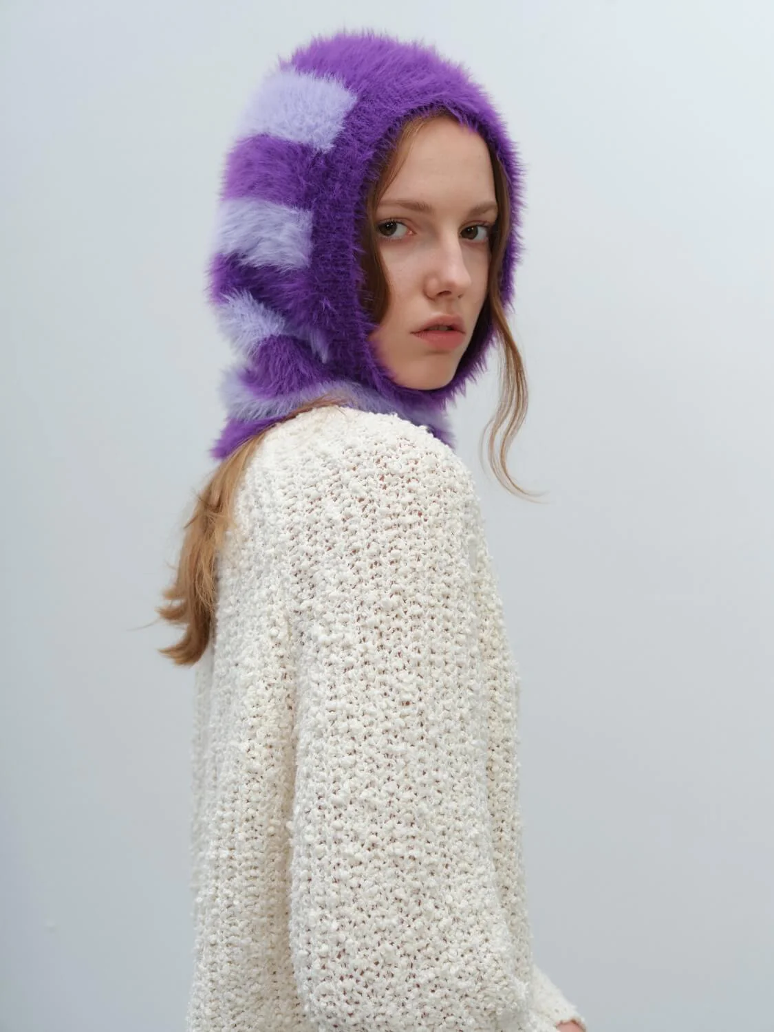 French Style Faux Mink Fur Balaclava Knit Hat - purple - Image 3