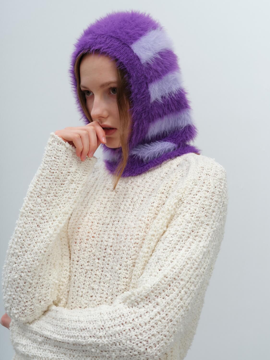 French Style Faux Mink Fur Balaclava Knit Hat - purple - Image 5