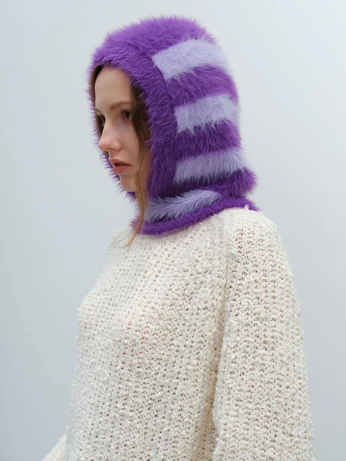 French Style Faux Mink Fur Balaclava Knit Hat - purple - Image 6