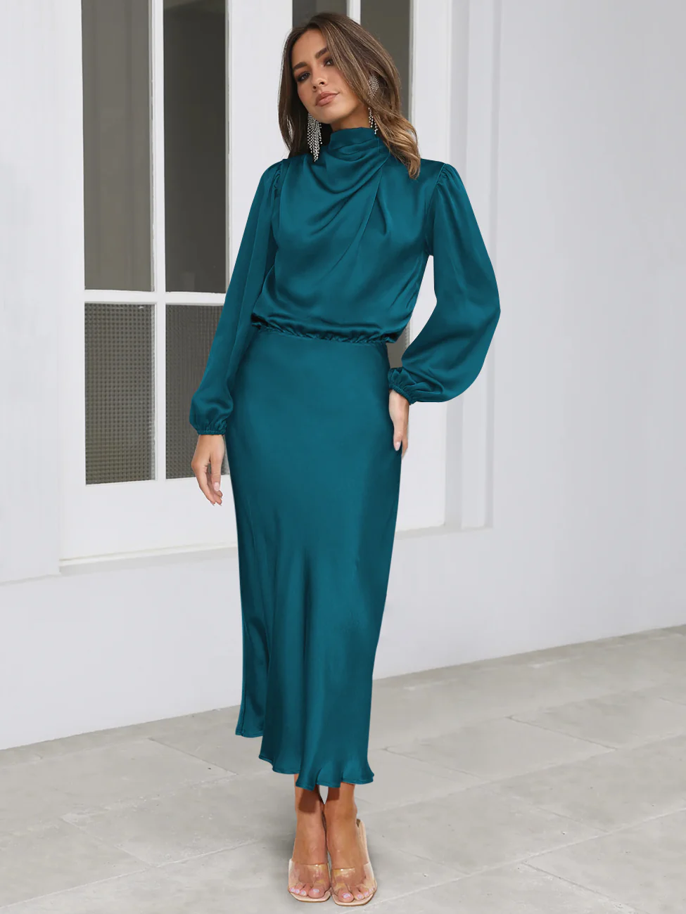 FROM THE SOURCE HIGH NECK BRIDAL MAXI DRESS - TEAL - Image 5