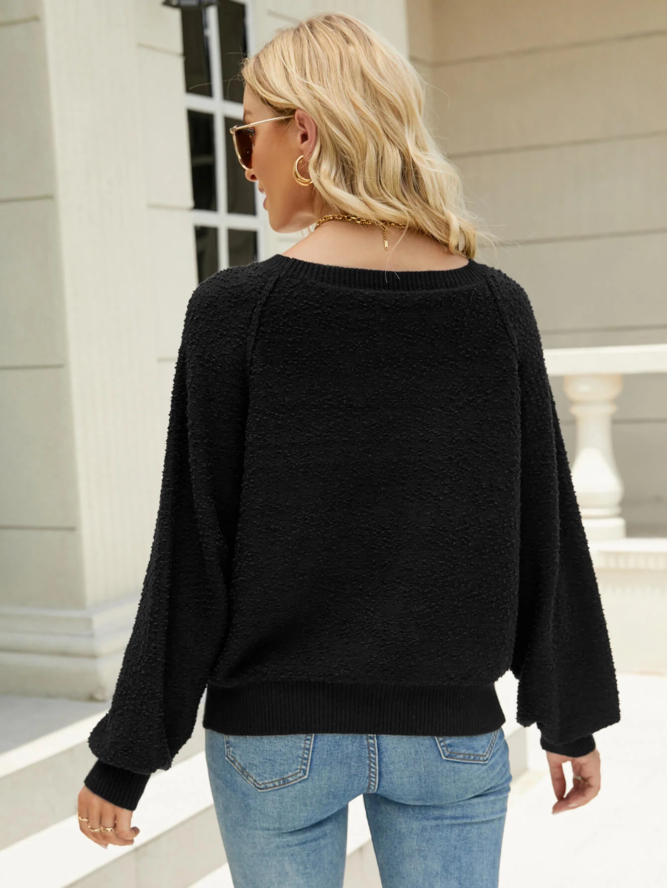 FUZZY BALLOON SLEEVE KNIT SWEATER - BLACK - Image 3