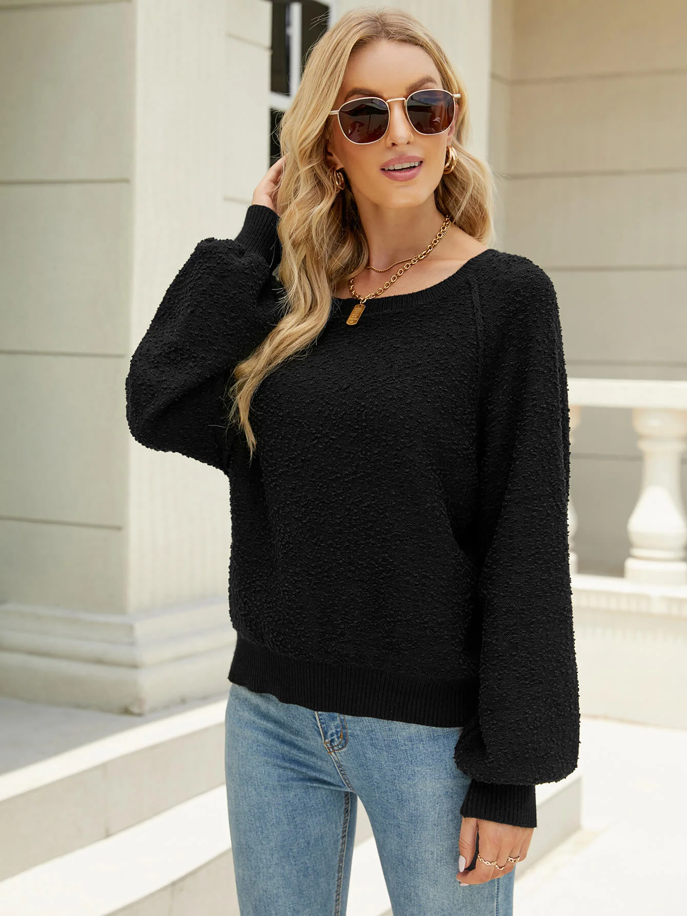 FUZZY BALLOON SLEEVE KNIT SWEATER - BLACK - Image 4