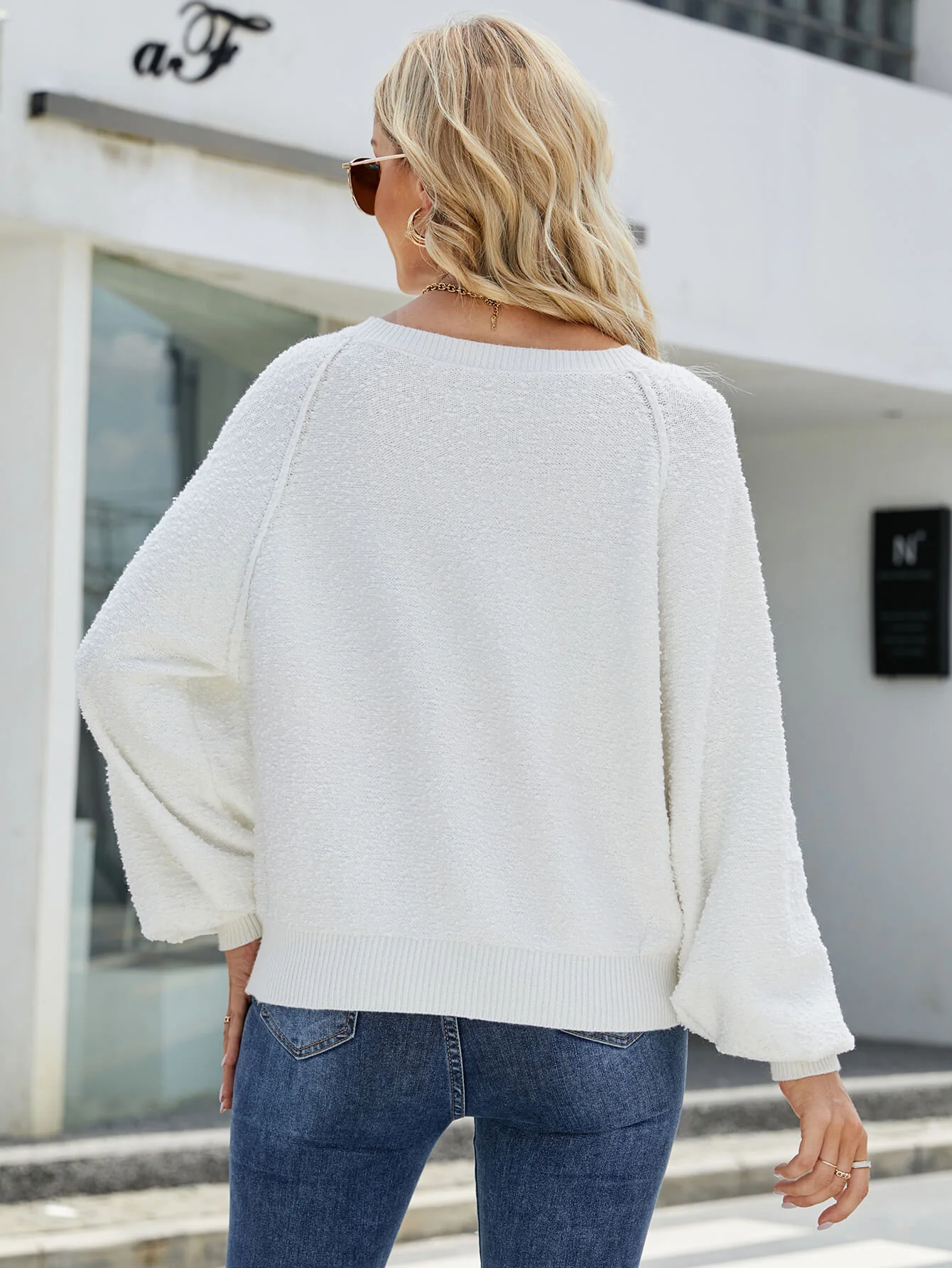 FUZZY BALLOON SLEEVE KNIT SWEATER - WHITE - Image 3