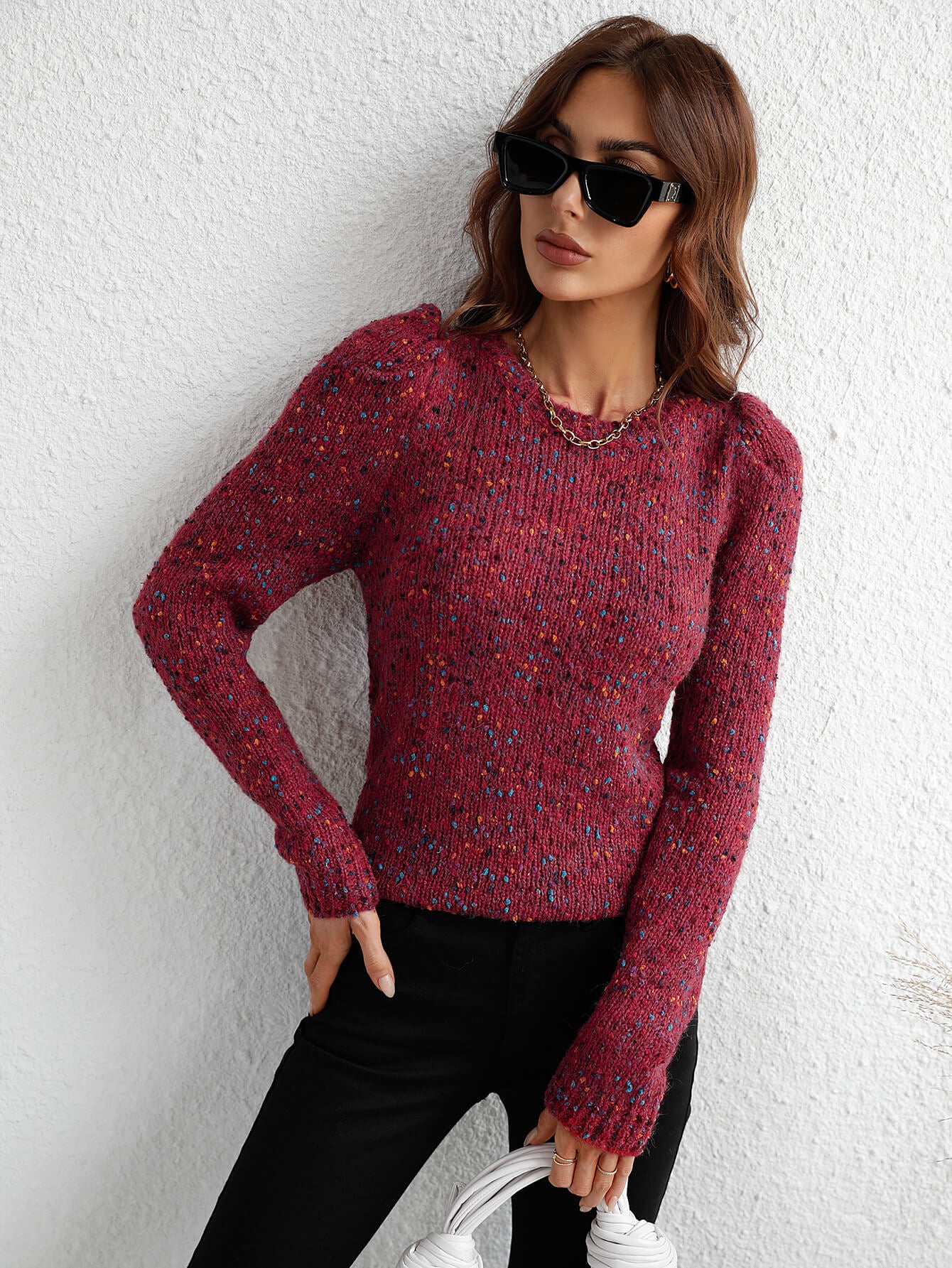 GAGA SHRUG SHOULDER KNIT TOP - WINE - Image 5