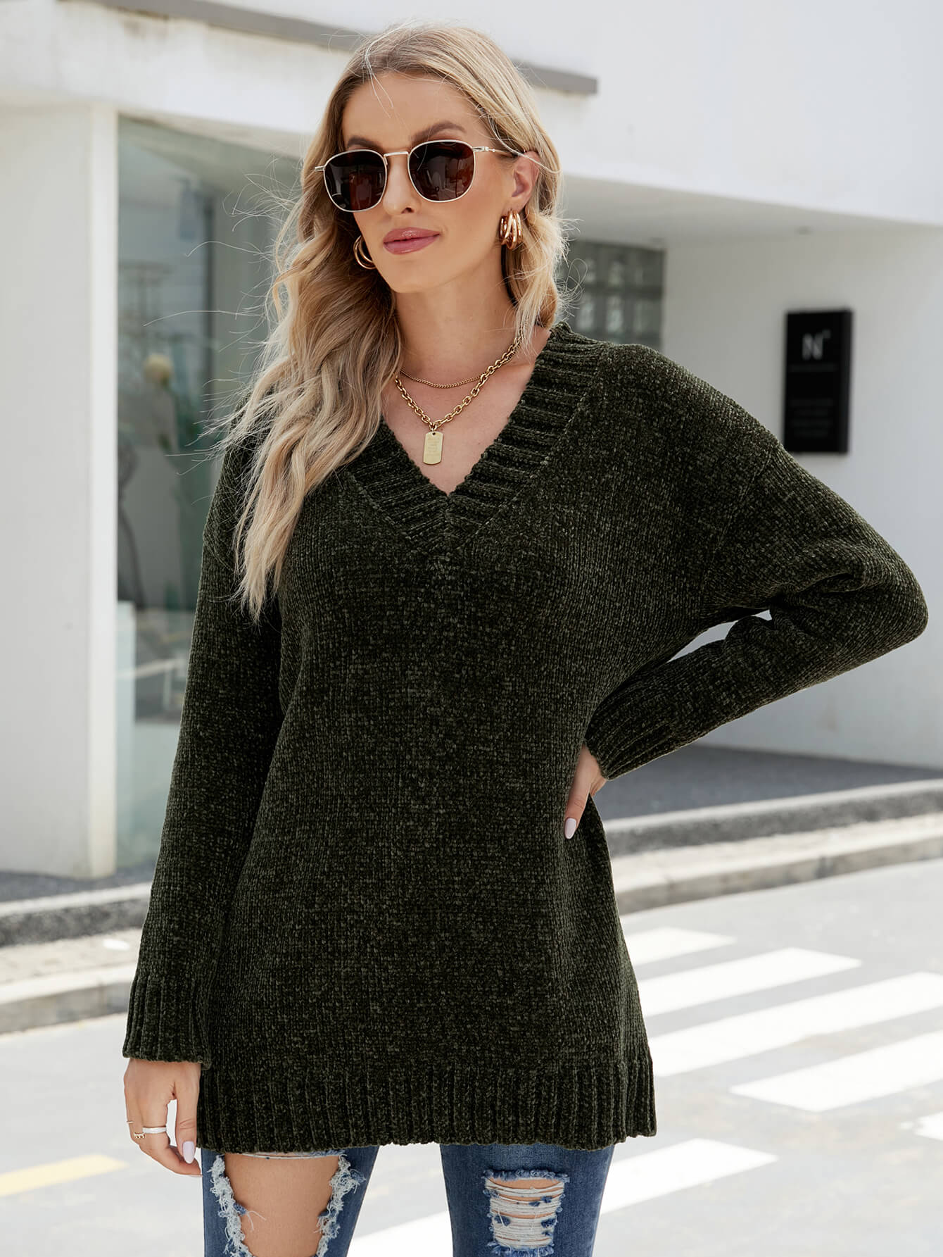 GLAM CHENILLE PULLOVER SWEATER - GREEN - Image 4