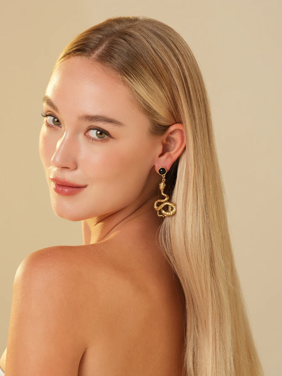 Gold Plated Obsidian Serpent Earrings - Image 3