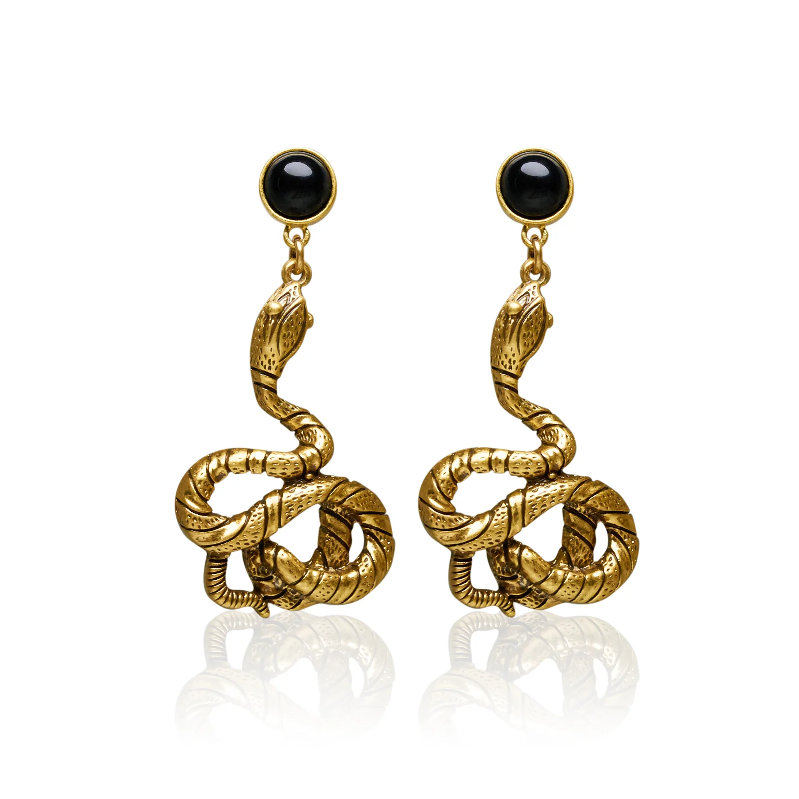 Gold Plated Obsidian Serpent Earrings - Image 6