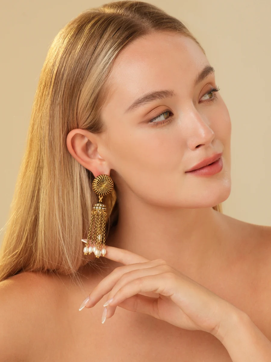 Golden Gatherings Tassel Chain Pearl Earrings - Image 4