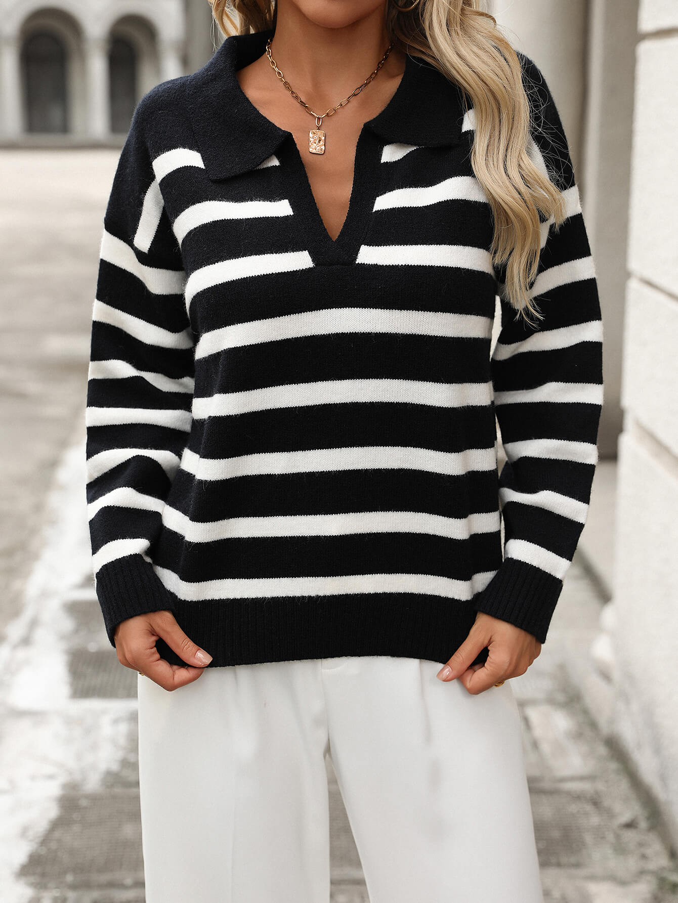 Graham Striped Polo Sweater - Black - Image 3