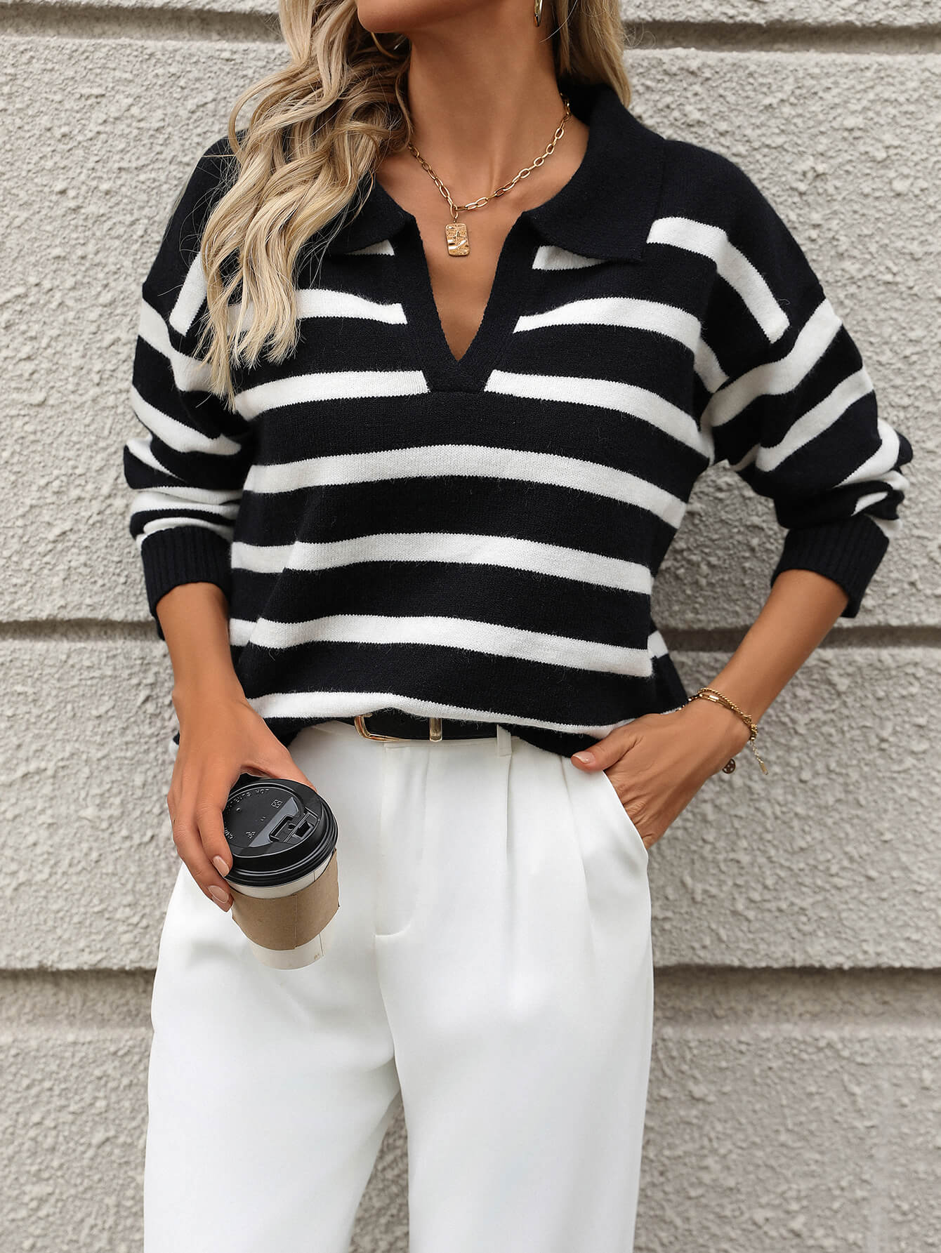 Graham Striped Polo Sweater - Black - Image 5