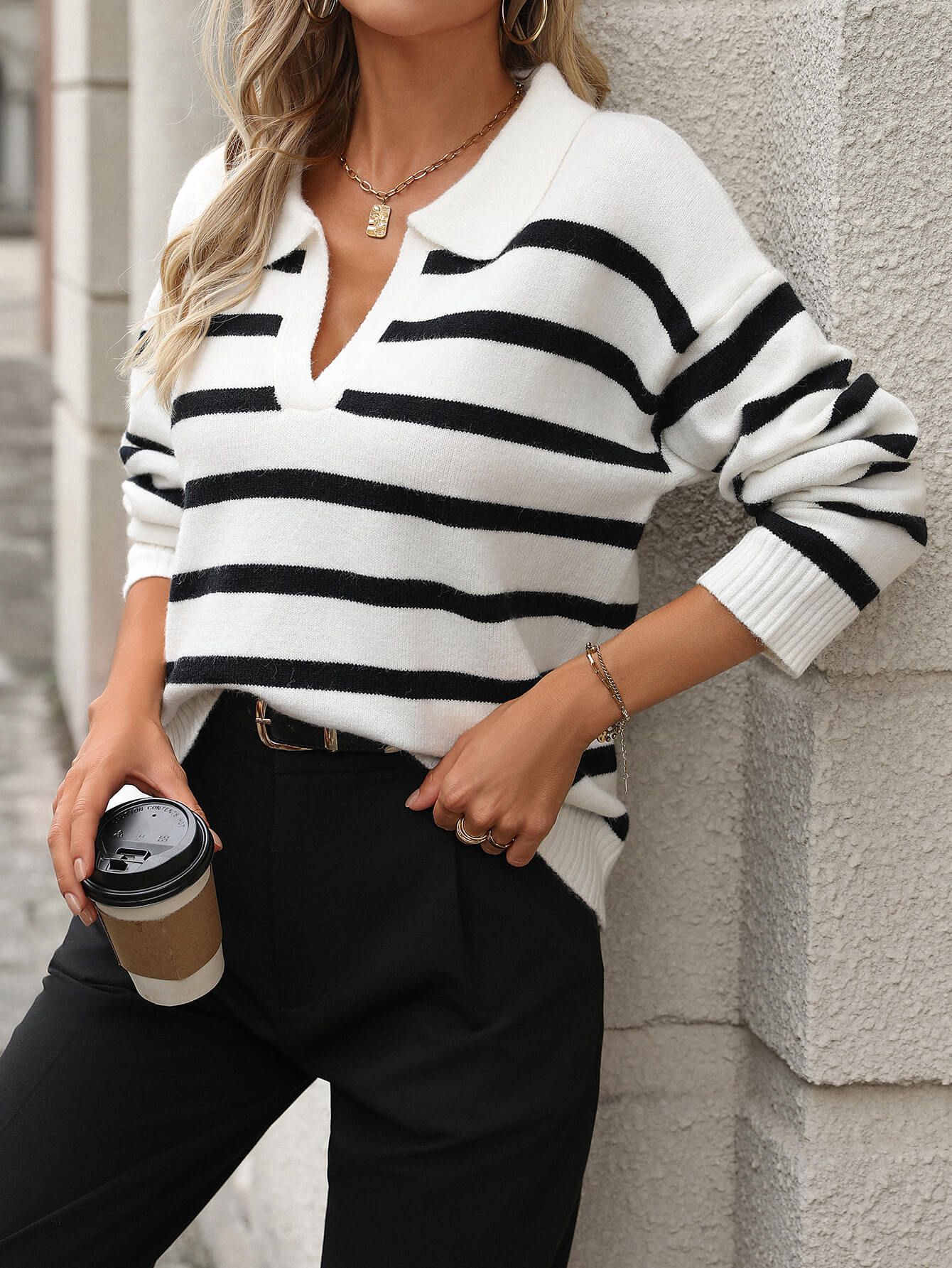 Graham Striped Polo Sweater - White - Image 2
