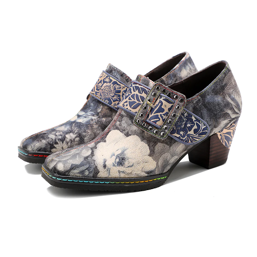 SOFFIA | Grey Embossed Floral Buckle Genuine Leather Bootie Mid Heel Loafers - Image 3