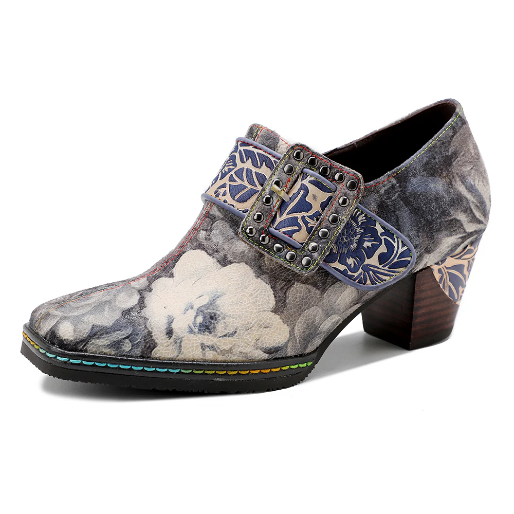 SOFFIA | Grey Embossed Floral Buckle Genuine Leather Bootie Mid Heel Loafers - Image 4