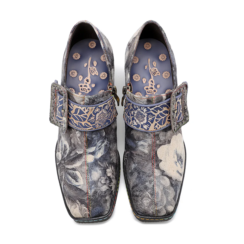SOFFIA | Grey Embossed Floral Buckle Genuine Leather Bootie Mid Heel Loafers - Image 5