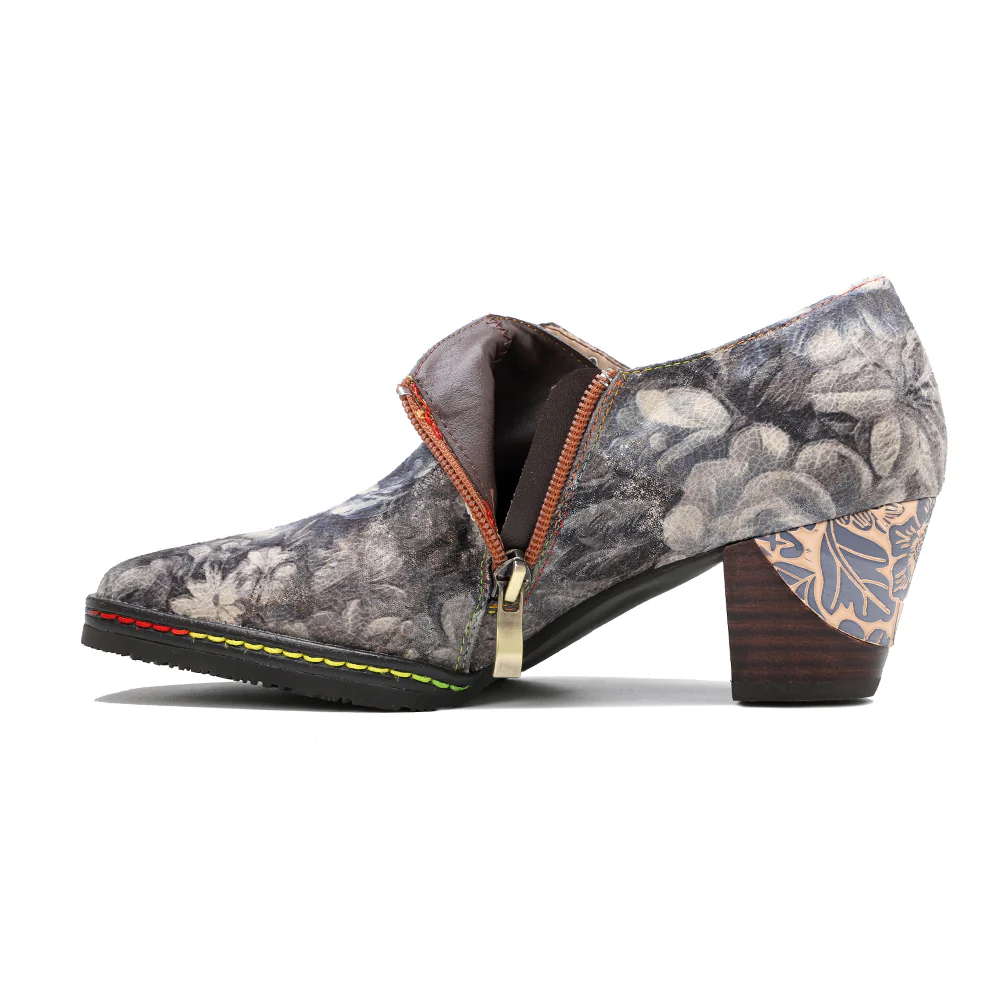SOFFIA | Grey Embossed Floral Buckle Genuine Leather Bootie Mid Heel Loafers - Image 6