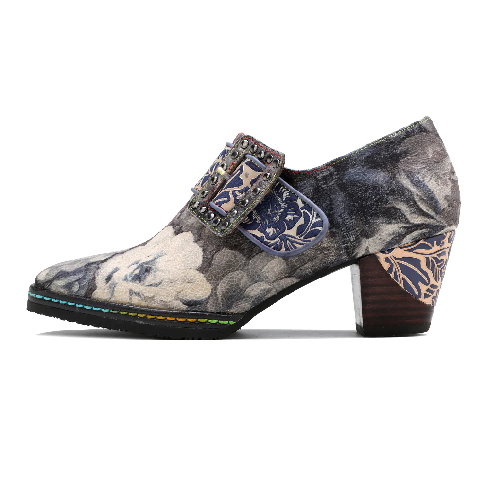 SOFFIA | Grey Embossed Floral Buckle Genuine Leather Bootie Mid Heel Loafers - Image 7