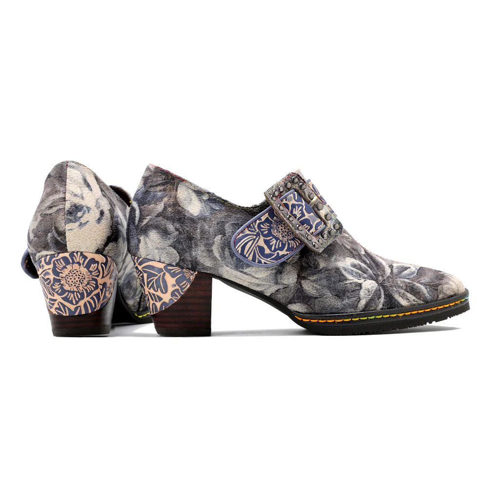 SOFFIA | Grey Embossed Floral Buckle Genuine Leather Bootie Mid Heel Loafers - Image 8