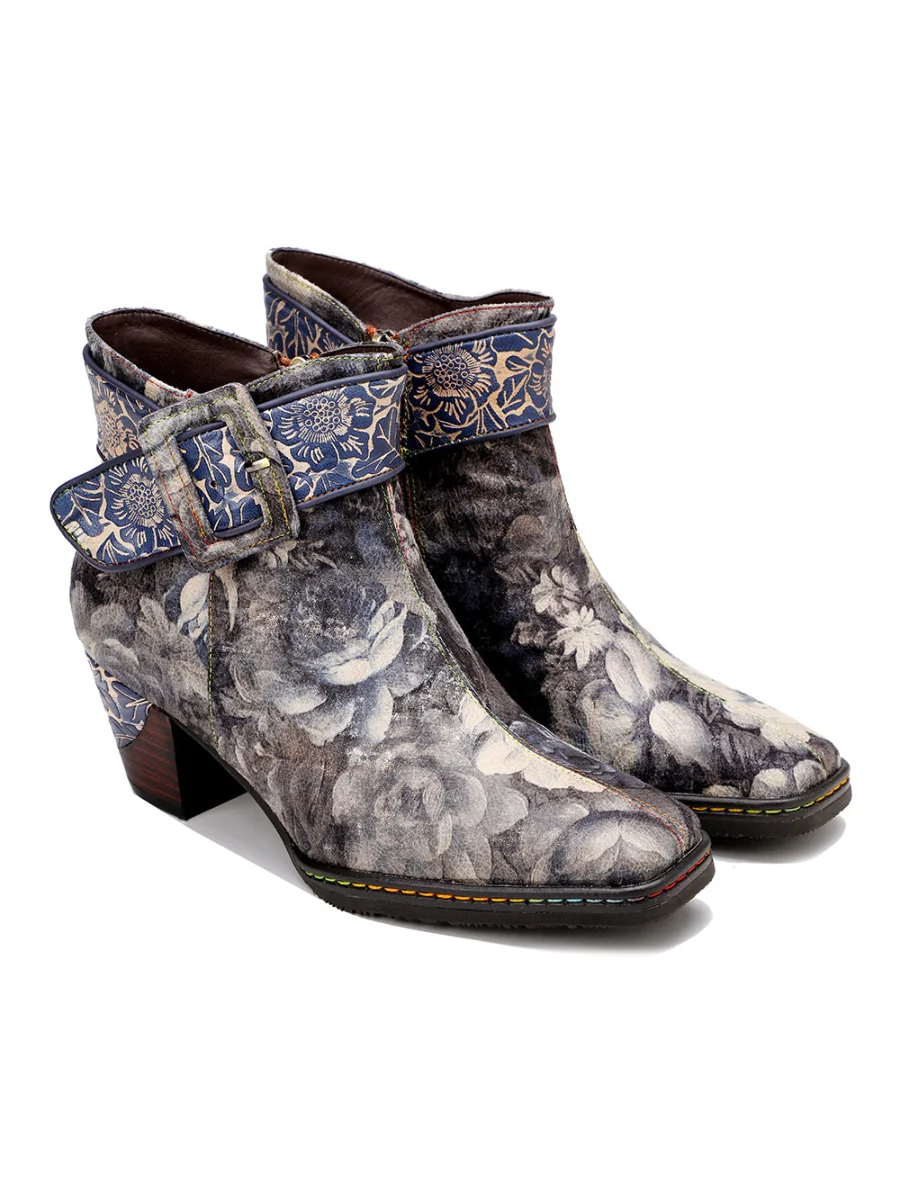 SOFFIA | Grey Floral Buckle Leather Moto Ankle Boots - Image 3