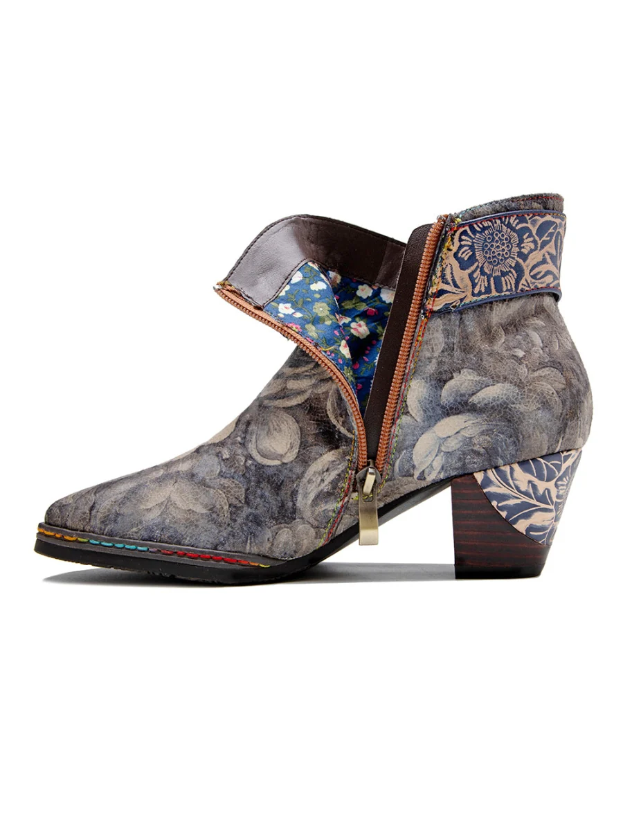 SOFFIA | Grey Floral Buckle Leather Moto Ankle Boots - Image 4