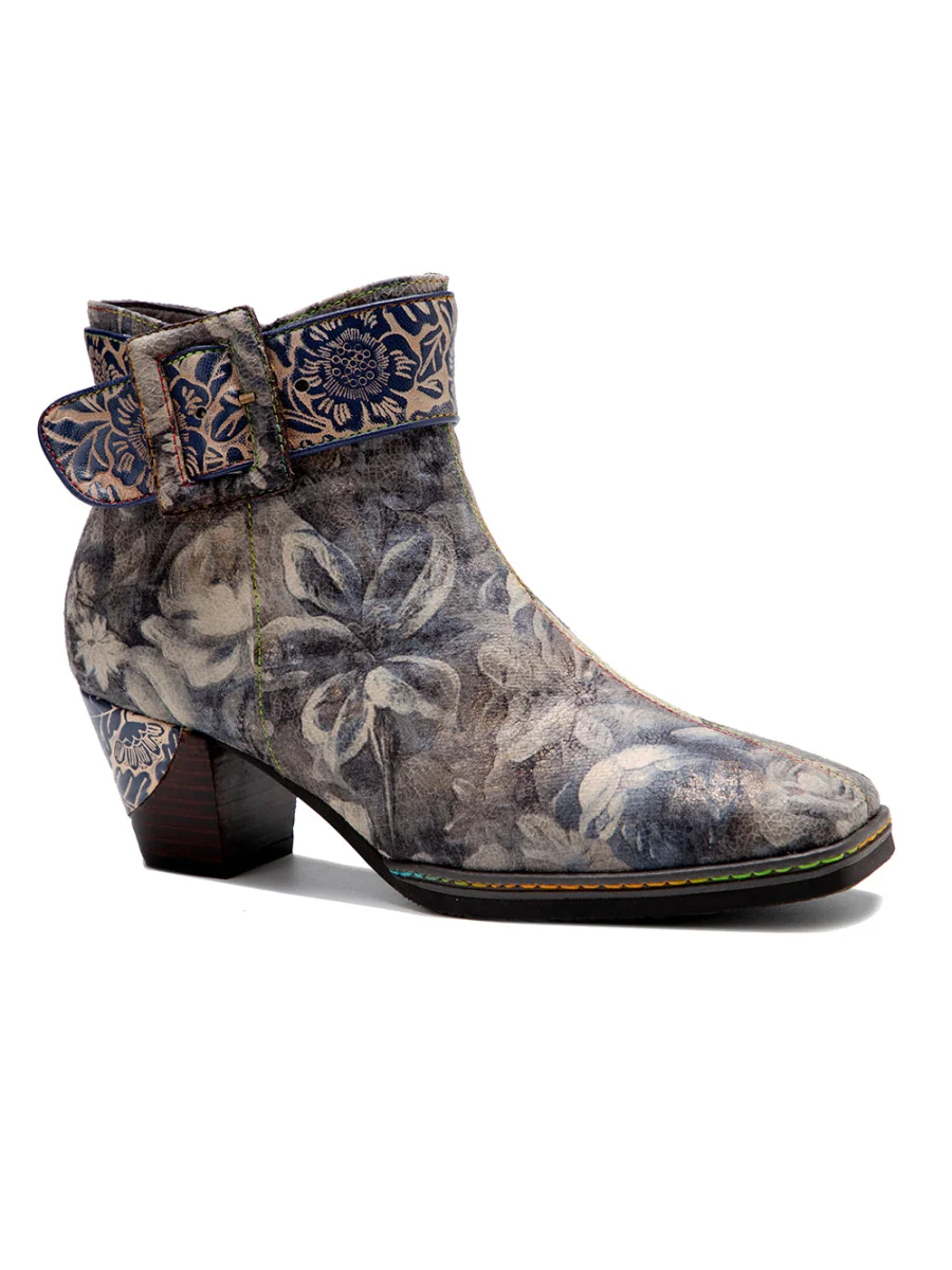 SOFFIA | Grey Floral Buckle Leather Moto Ankle Boots - Image 5