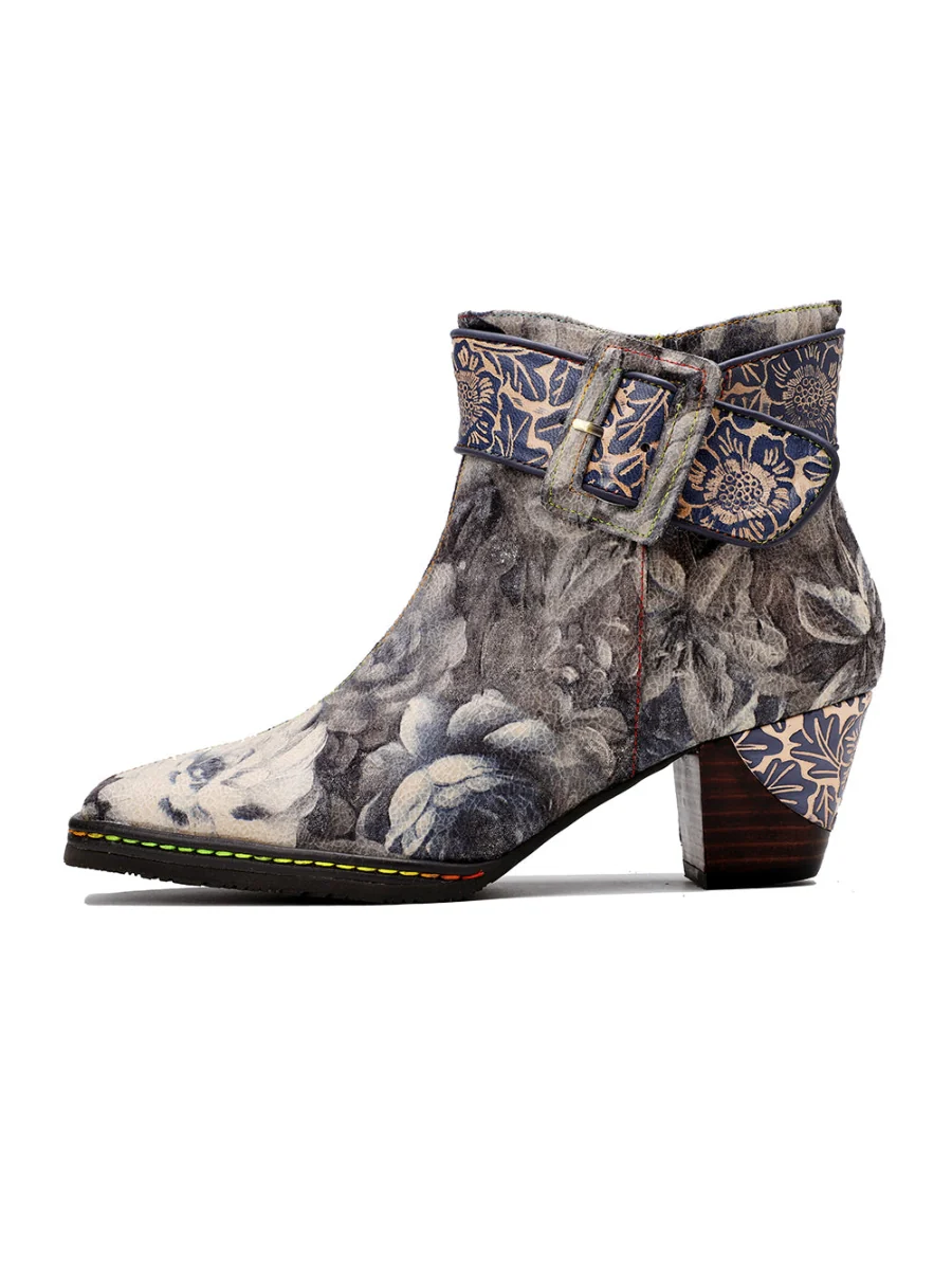 SOFFIA | Grey Floral Buckle Leather Moto Ankle Boots - Image 6