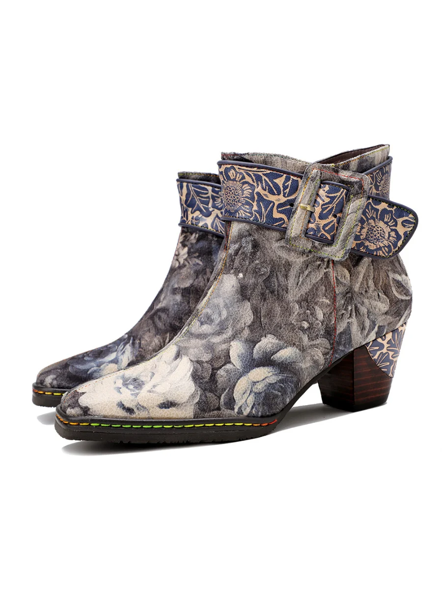 SOFFIA | Grey Floral Buckle Leather Moto Ankle Boots - Image 7