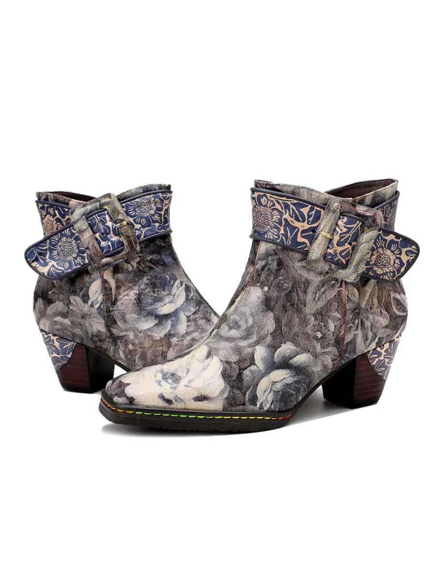 SOFFIA | Grey Floral Buckle Leather Moto Ankle Boots - Image 8