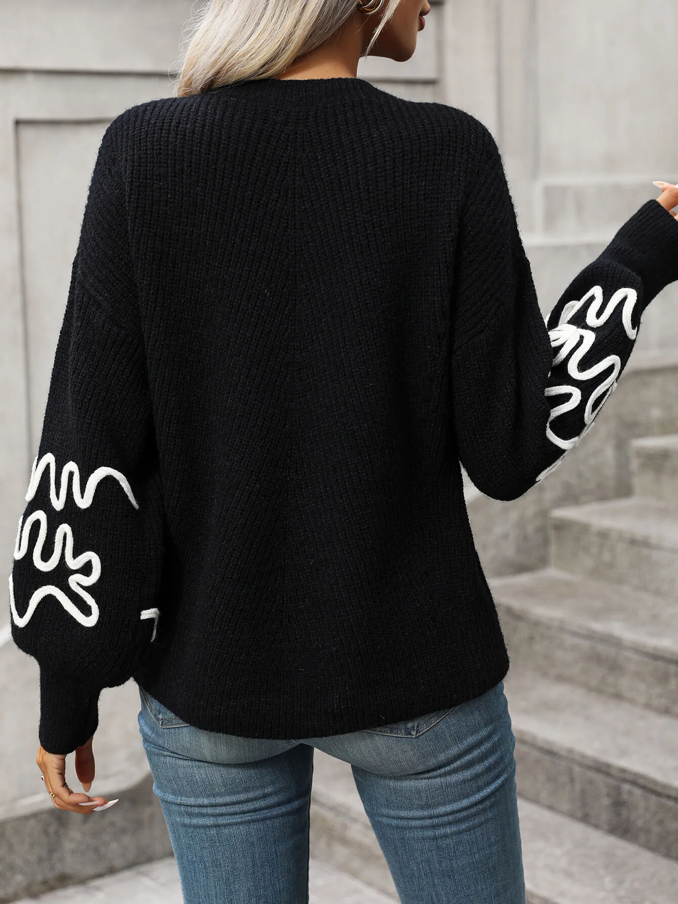 Hadi Swirl Embroidered Sleeve Knit Sweater - Black - Image 3