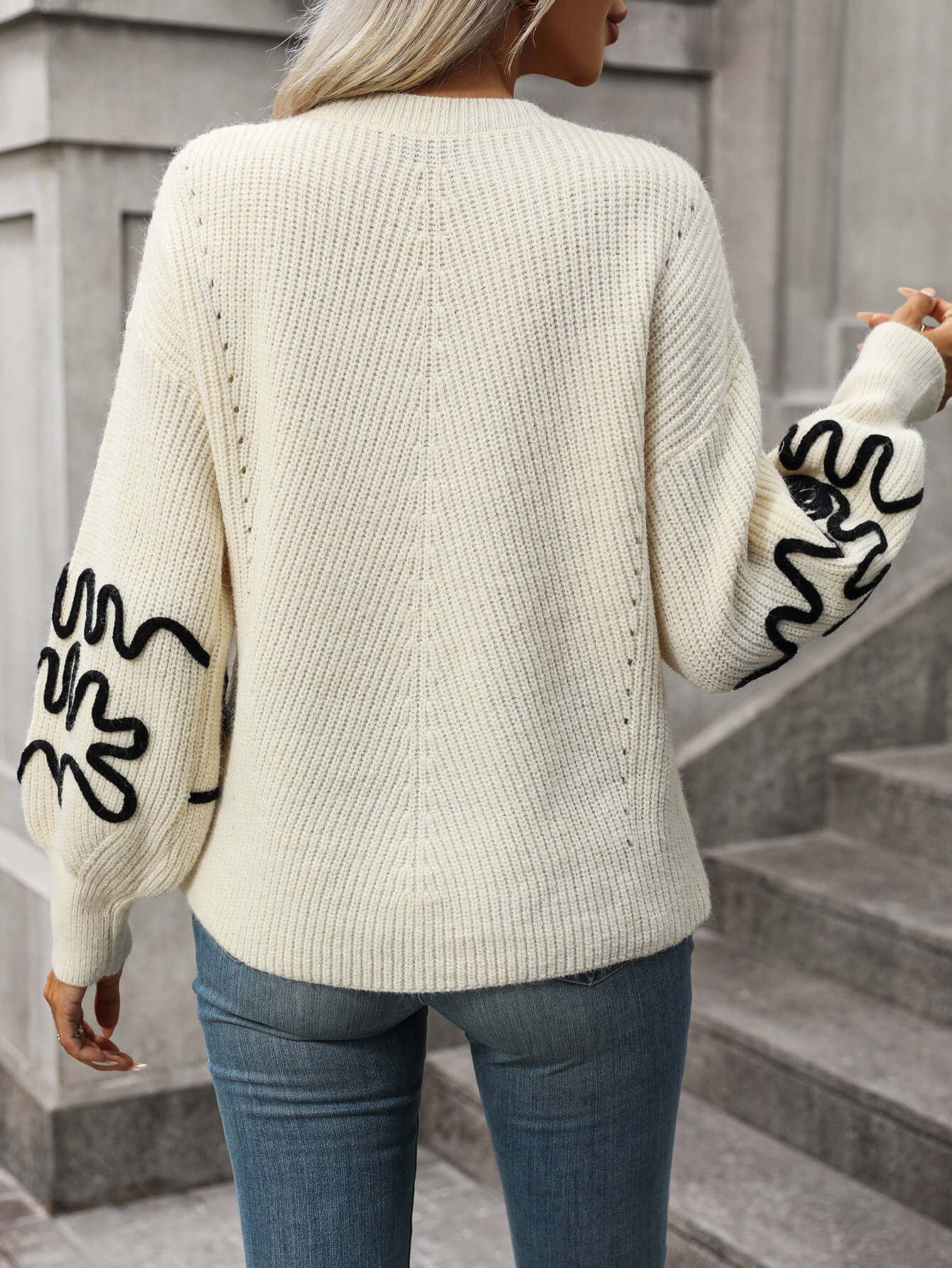 Hadi Swirl Embroidered Sleeve Knit Sweater - Cream - Image 3