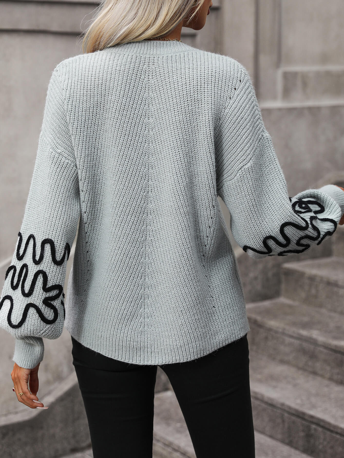 Hadi Swirl Embroidered Sleeve Knit Sweater - Grey - Image 3