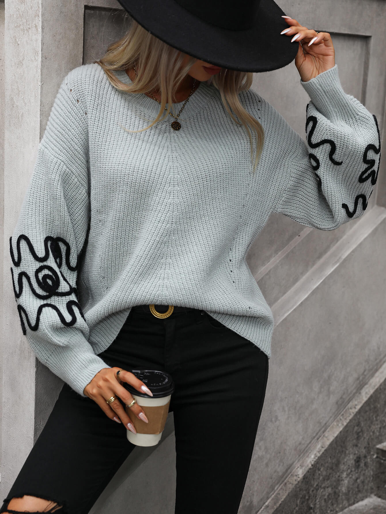 Hadi Swirl Embroidered Sleeve Knit Sweater - Grey - Image 5