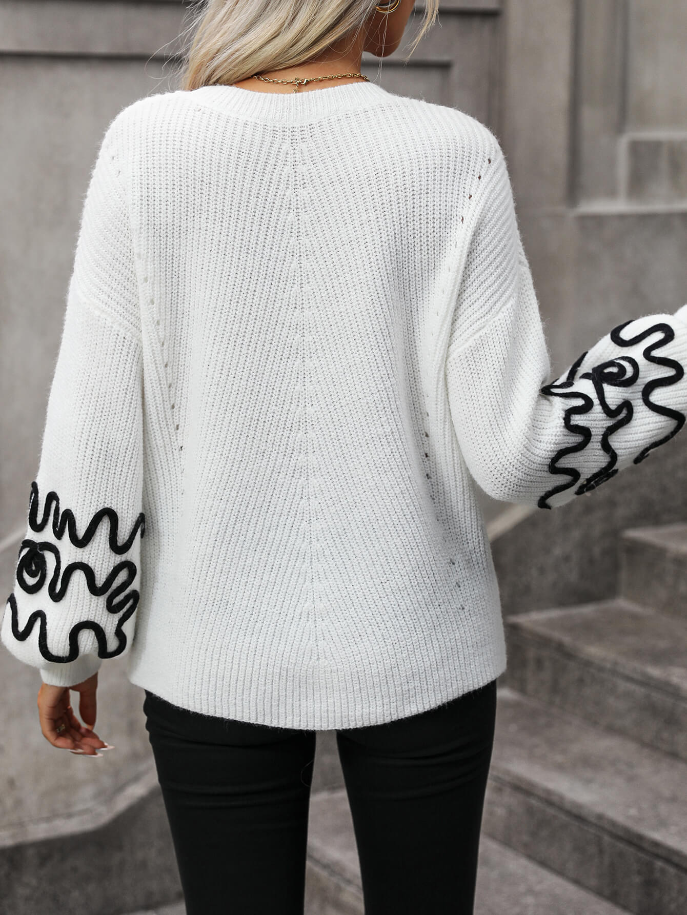 Hadi Swirl Embroidered Sleeve Knit Sweater - White - Image 4