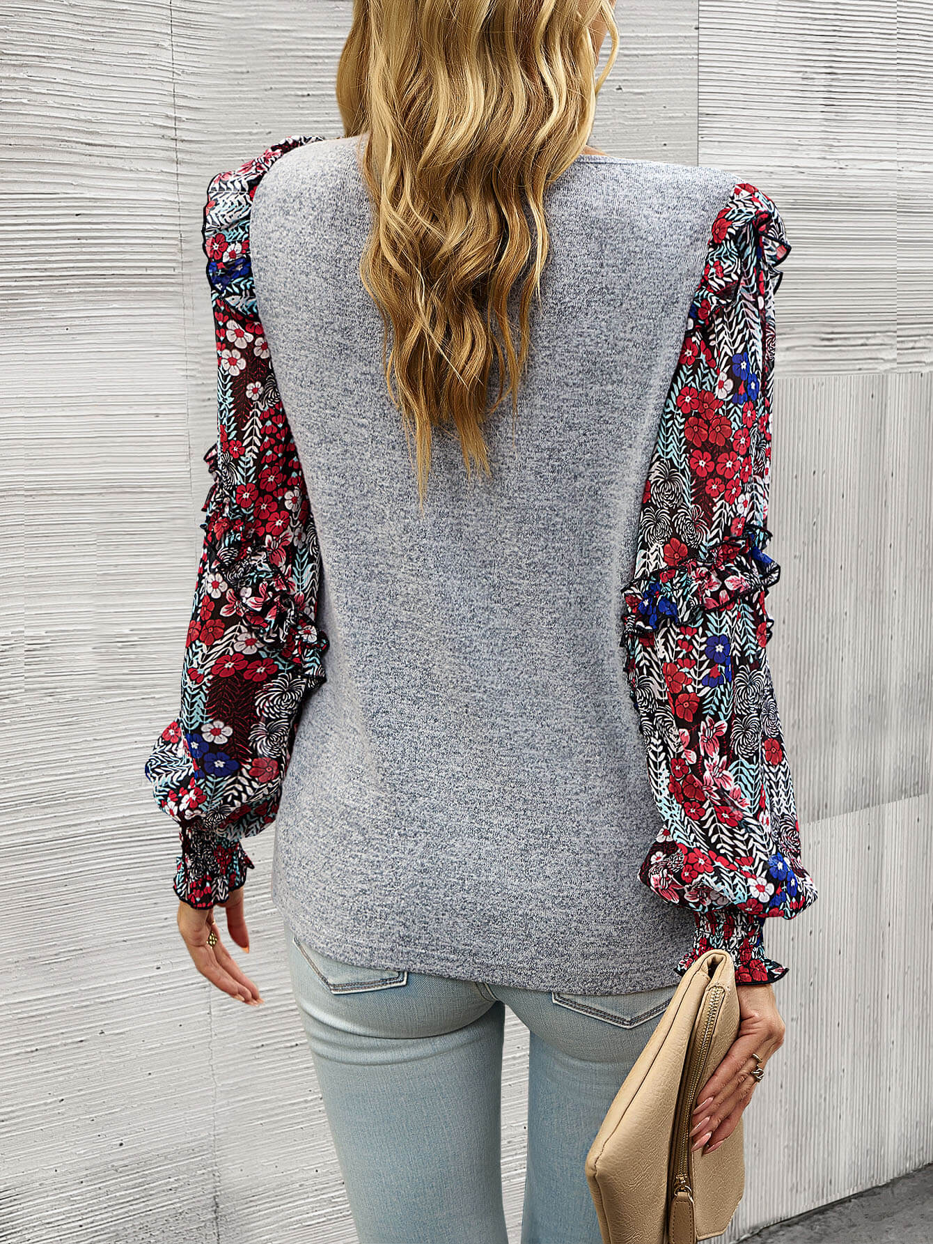 Hairos Floral Contrast Blouse Sweater - Grey - Image 6