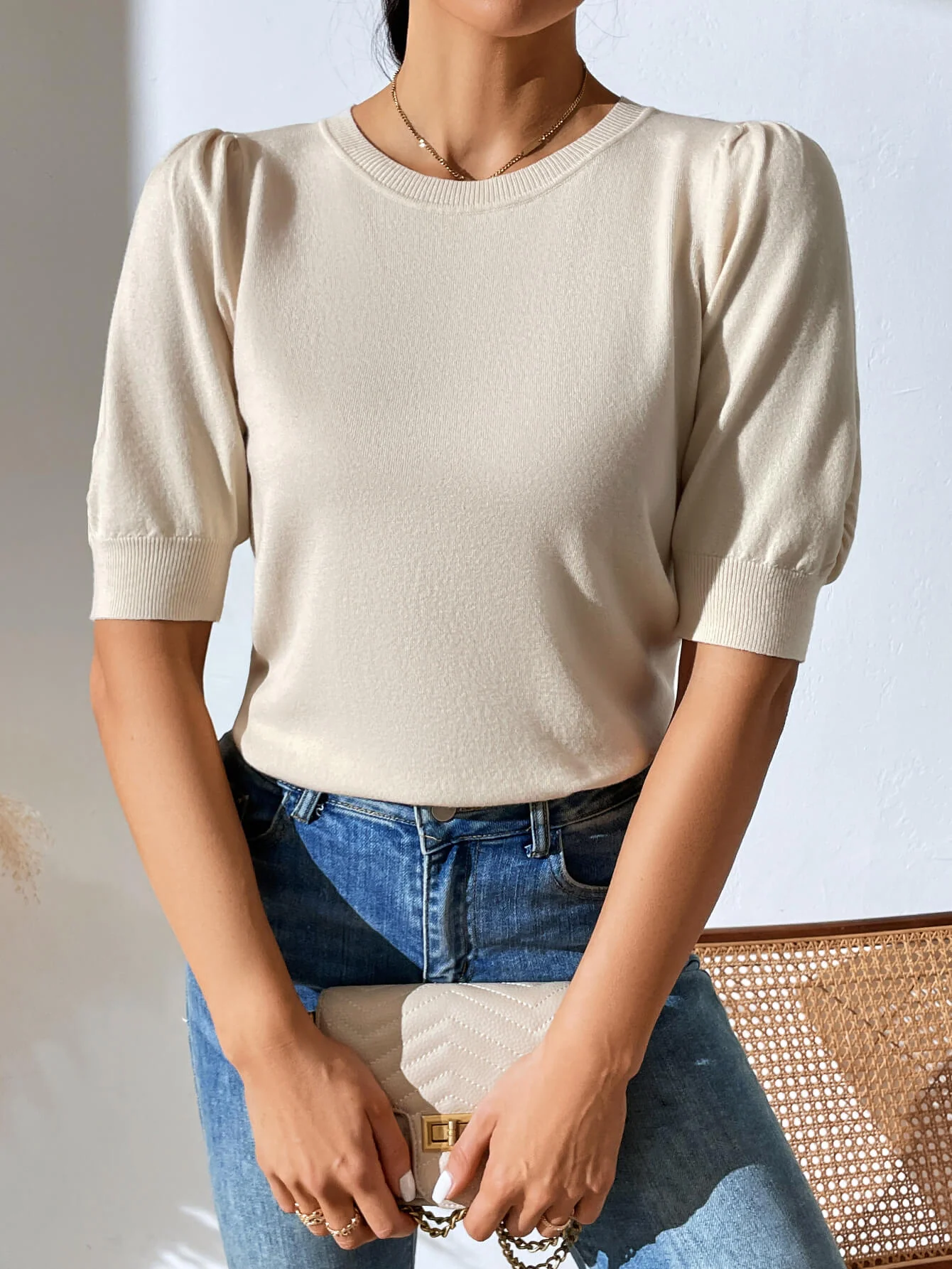 HALO SHORT SLEEVE COTTON BLEND KNIT TOP - BEIGE - Image 5