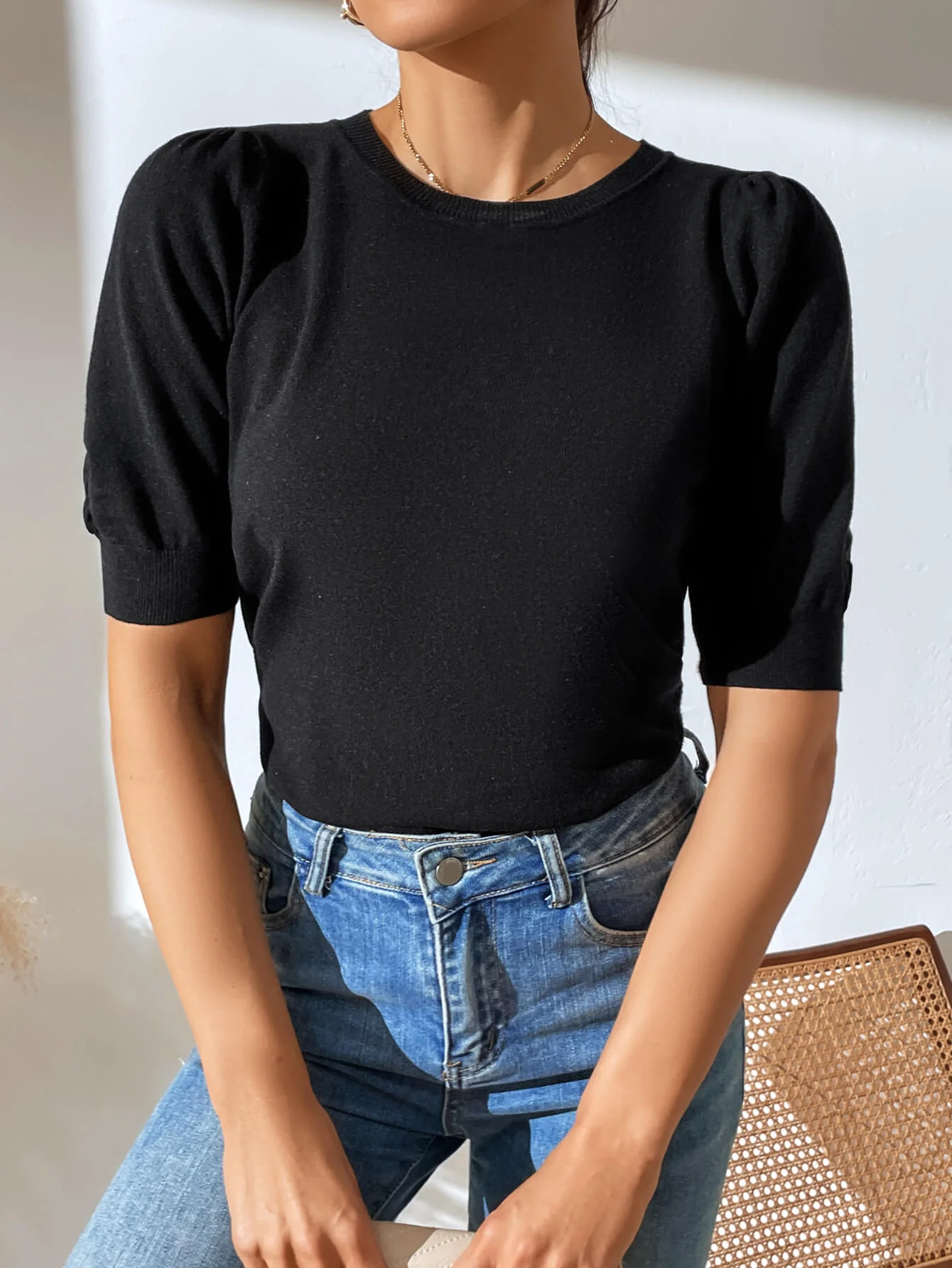 HALO SHORT SLEEVE COTTON BLEND KNIT TOP - BLACK - Image 2