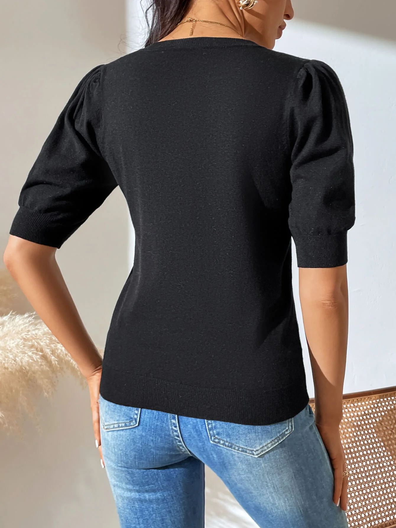 HALO SHORT SLEEVE COTTON BLEND KNIT TOP - BLACK - Image 3