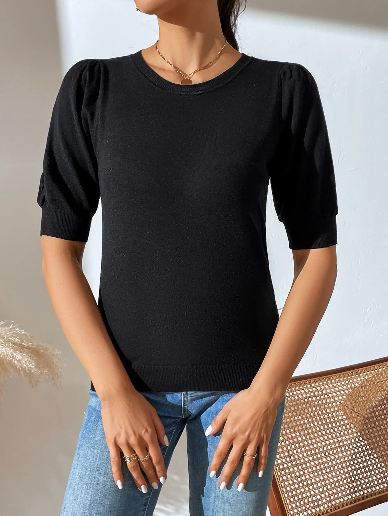 HALO SHORT SLEEVE COTTON BLEND KNIT TOP - BLACK - Image 5