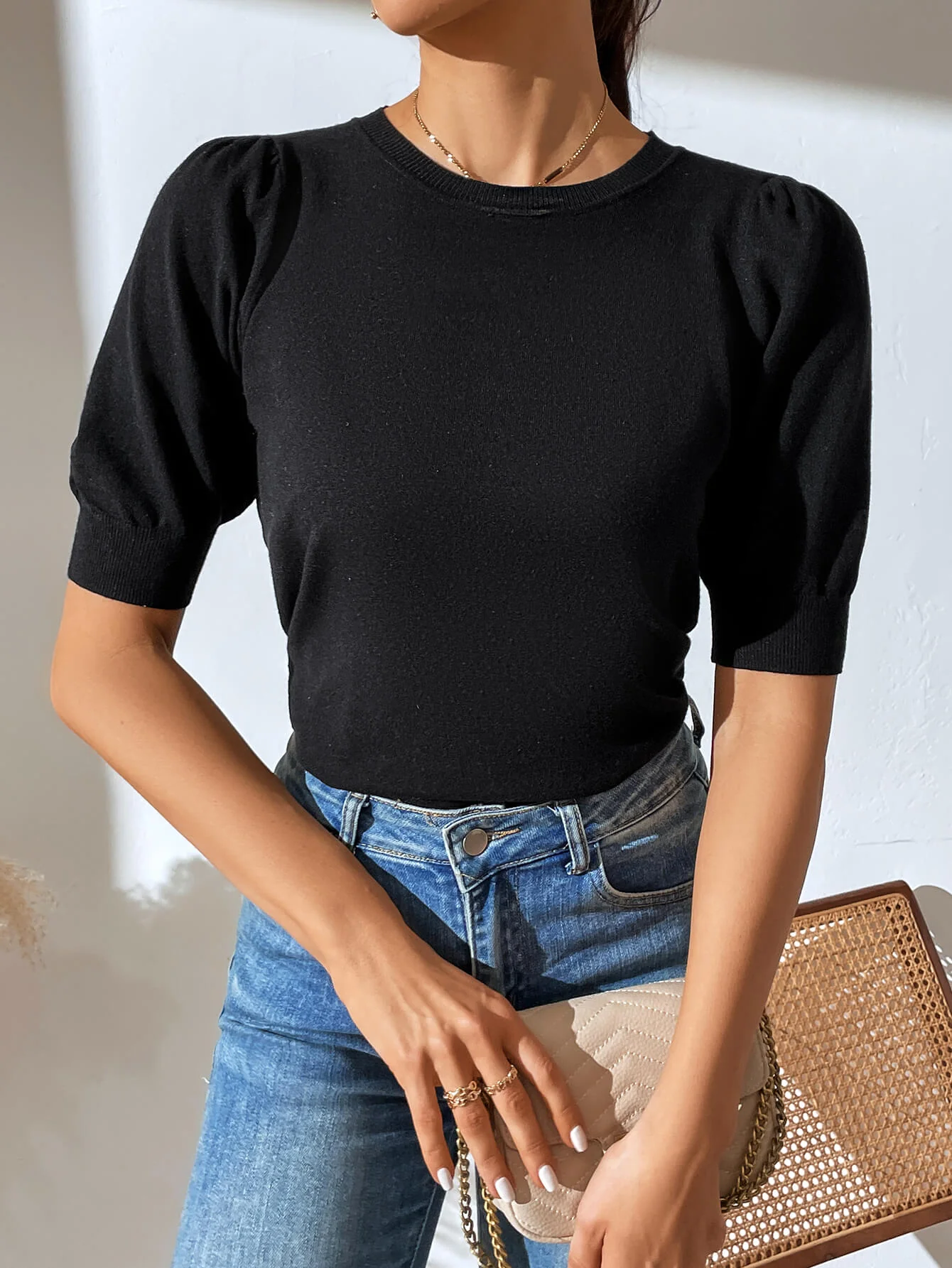 HALO SHORT SLEEVE COTTON BLEND KNIT TOP - BLACK - Image 6