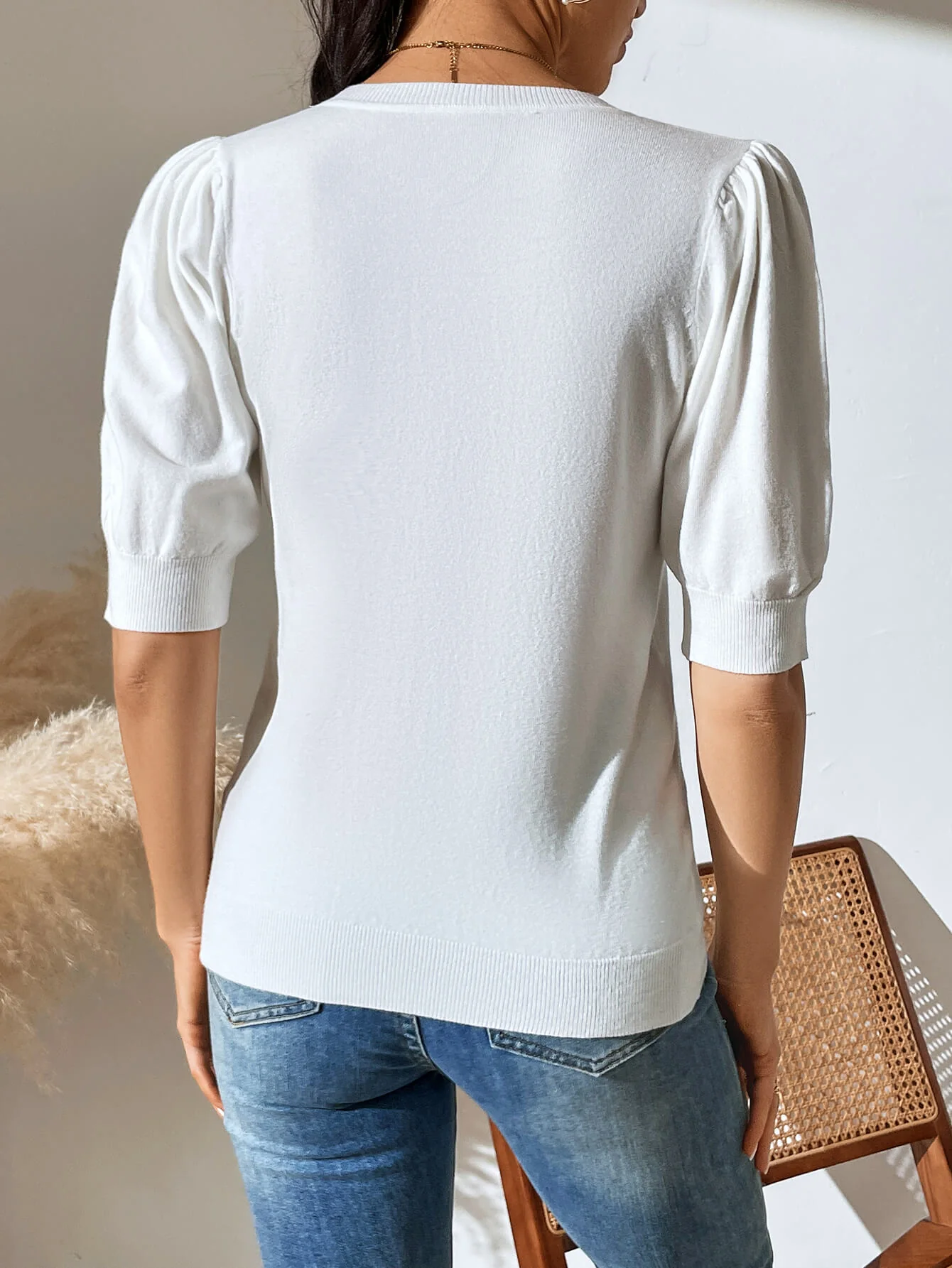 HALO SHORT SLEEVE COTTON BLEND KNIT TOP - CREAM - Image 3