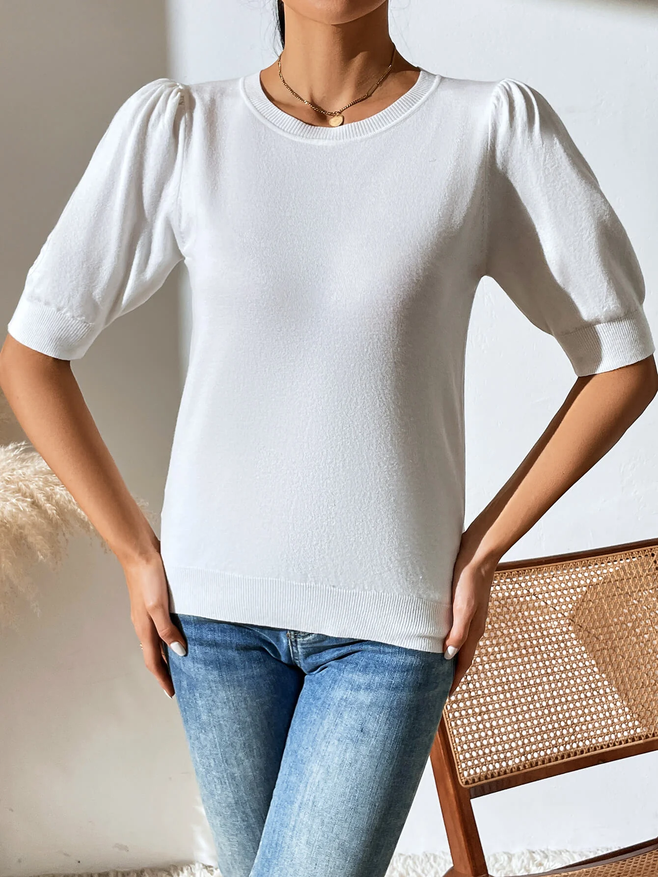 HALO SHORT SLEEVE COTTON BLEND KNIT TOP - CREAM - Image 4