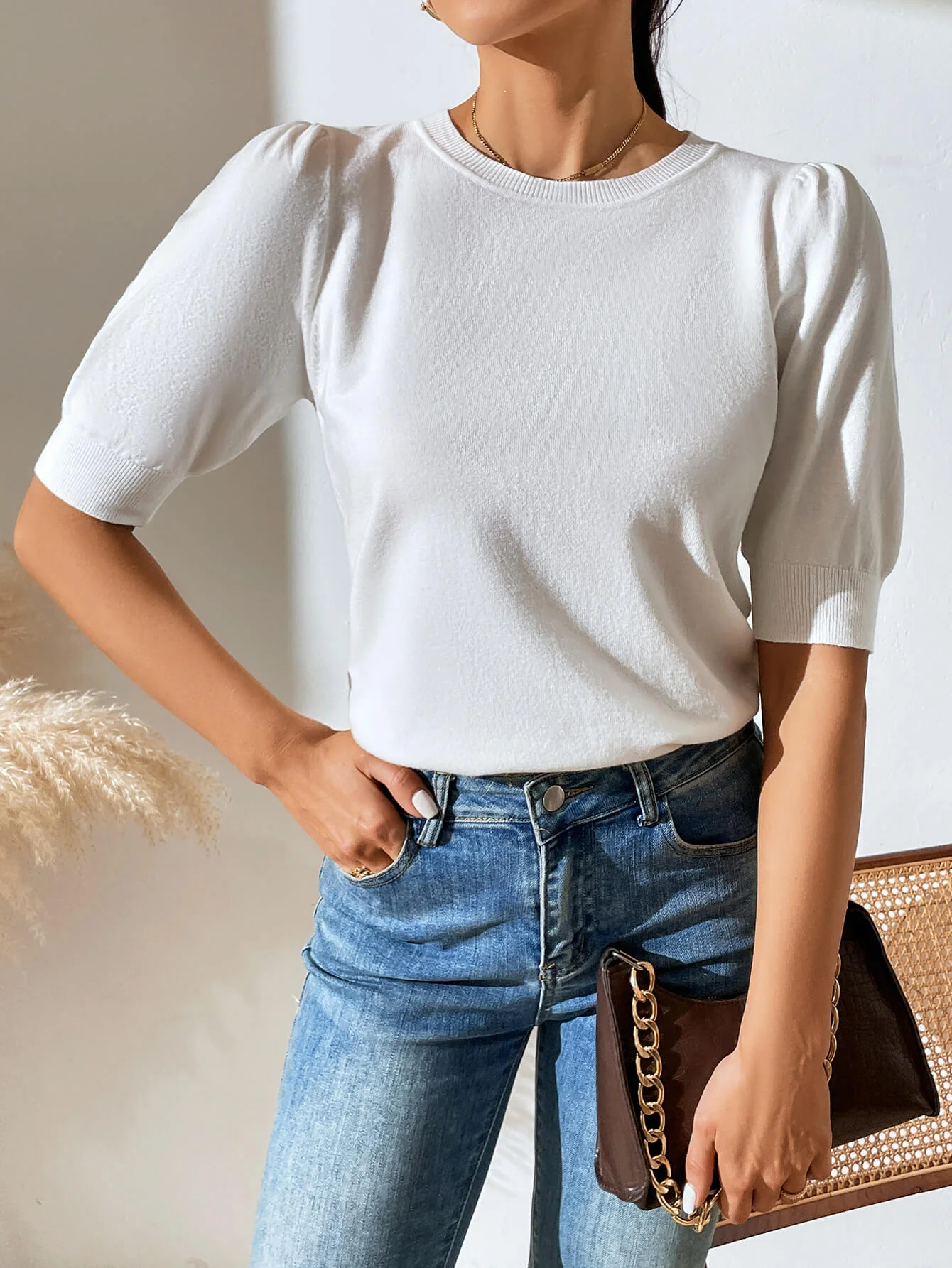 HALO SHORT SLEEVE COTTON BLEND KNIT TOP - CREAM - Image 6