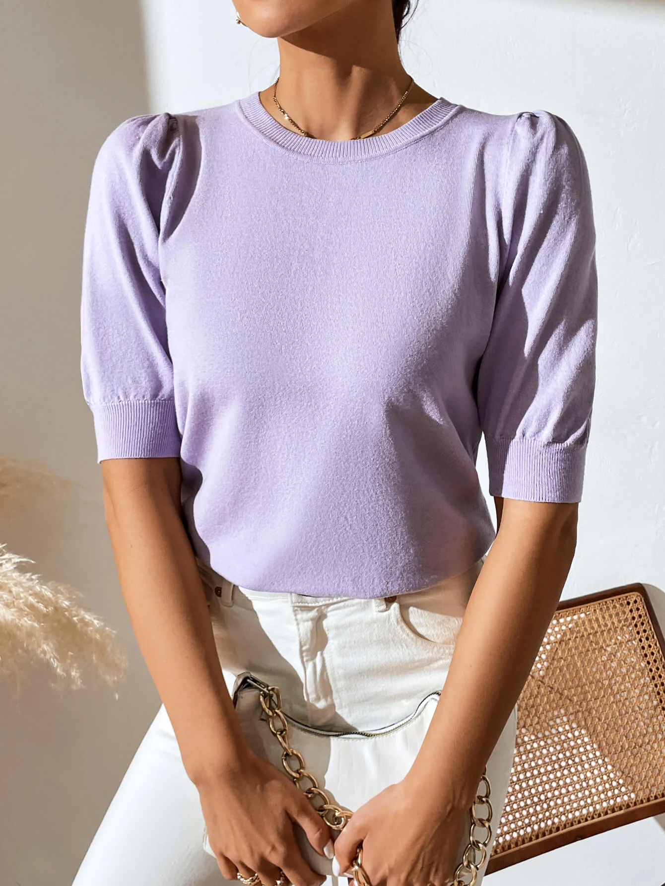 HALO SHORT SLEEVE COTTON BLEND KNIT TOP - LILAC - Image 2